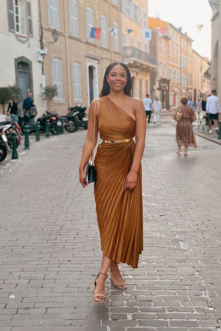 Olympia Asymmetrical Pleated Maxi Dress Golden Ochre / M