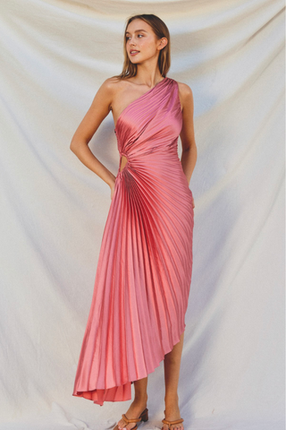 pink pleated one shoulder midi dress with cutout