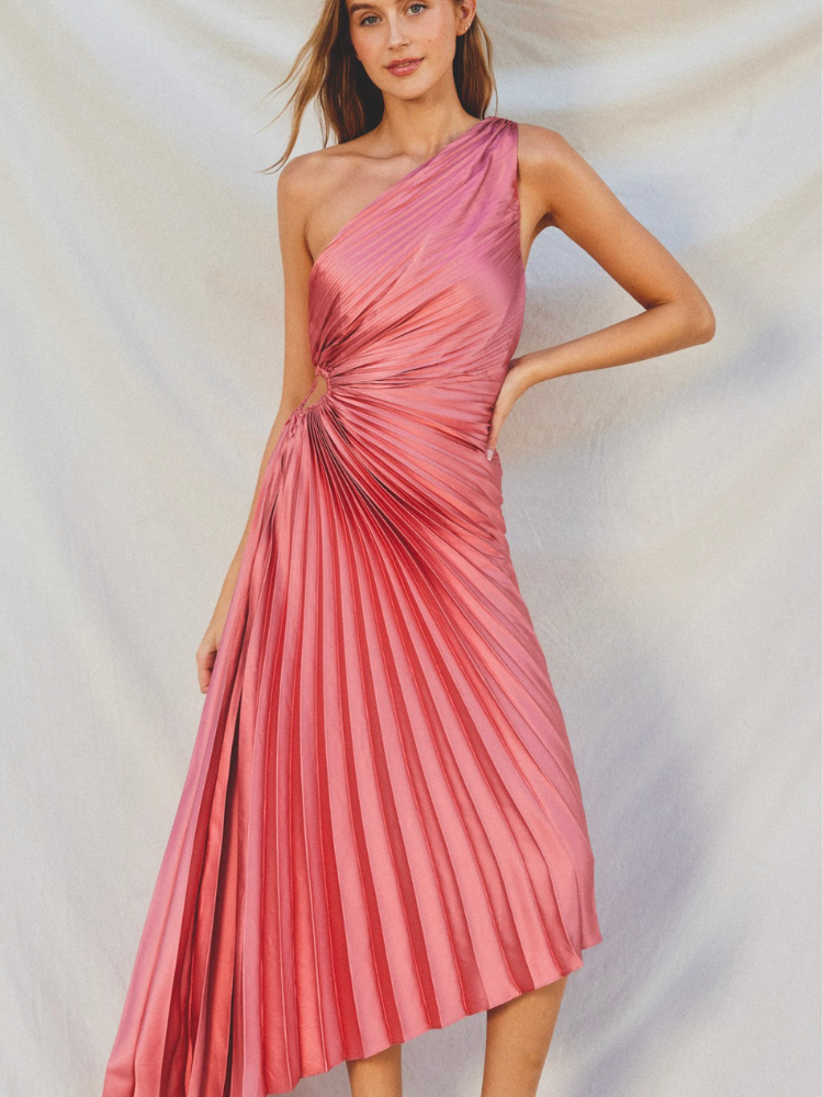 pink pleated one shoulder midi dress with cutout