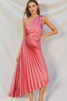 pink pleated one shoulder midi dress with cutout