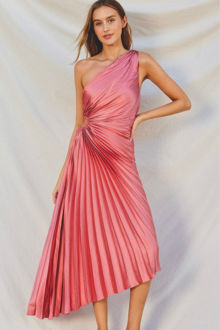 pink pleated one shoulder midi dress with cutout