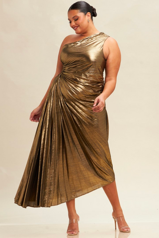 Olympia Gold Metallic Pleated One Shoulder Gown - Plus