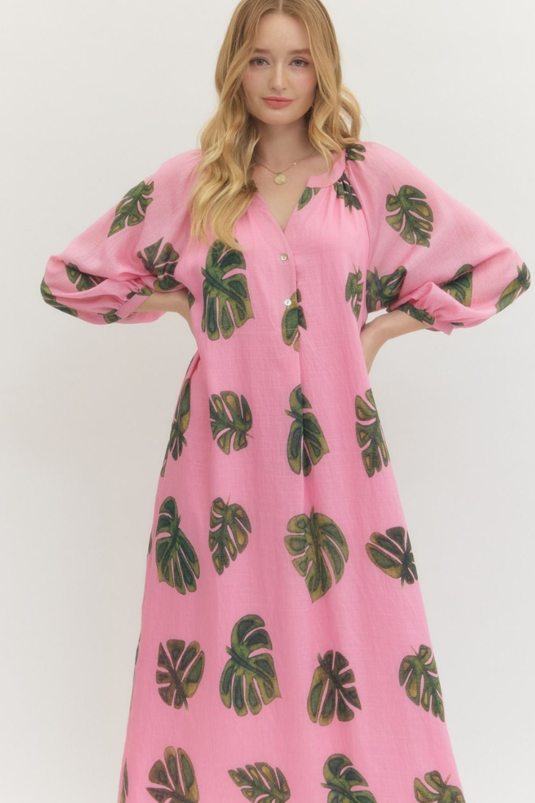 pink palm print dress Yours Women's Plus Size Pink Palm Leaf Shirred Maxi Dress Size 18-20