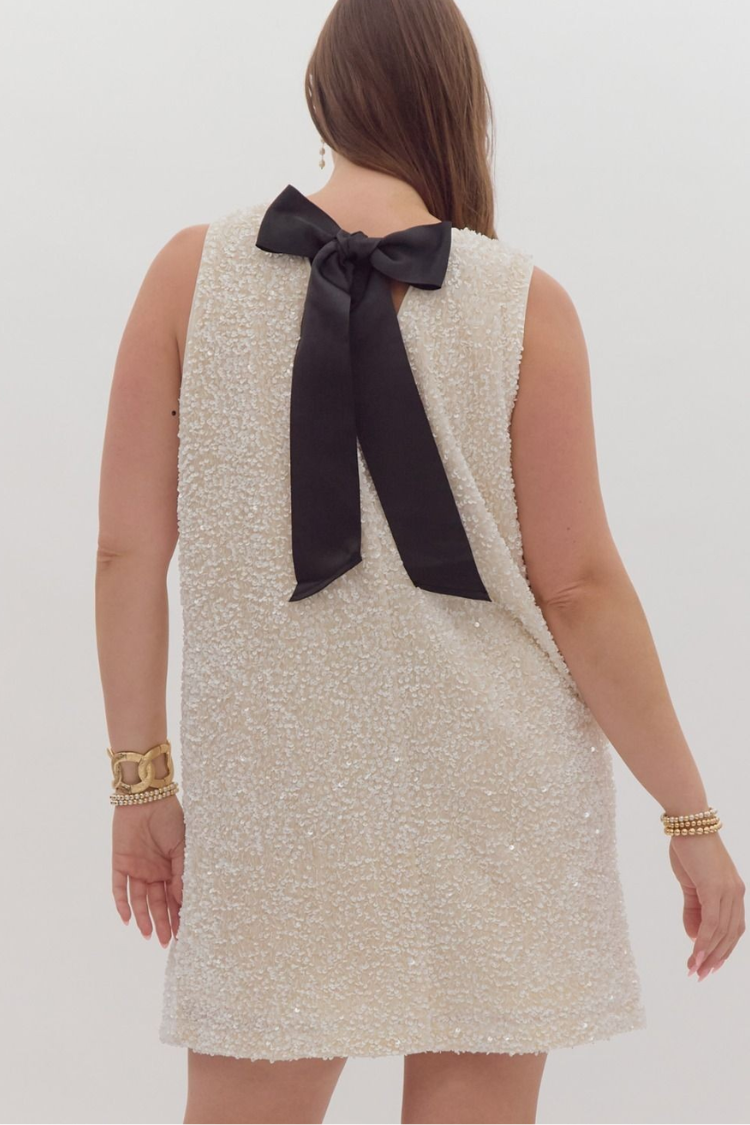 plus size white sequin mini dress with black bow tie