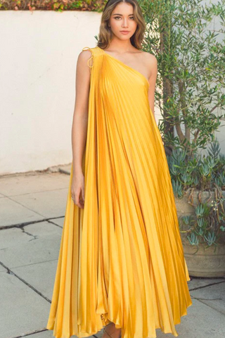 PLEATED YELLOW ONE SHOULDER MAXI DRESS