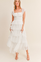 white swiss dot tiered tulle maxi dress with smocked waist