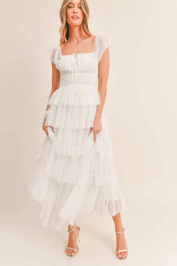 white swiss dot tiered tulle maxi dress with smocked waist