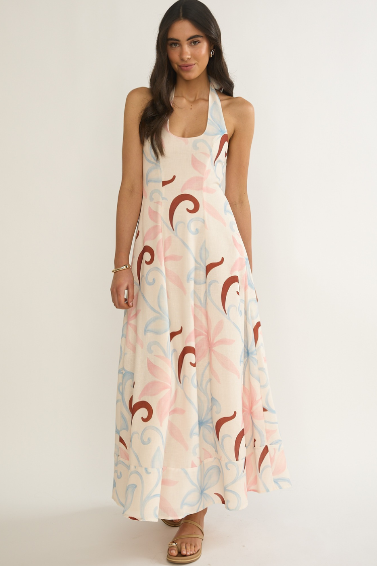 Capri Scroll Midi Dress | Halter Summer Vacation Dress L / Multi Capri Scroll Midi Dress | Halter Summer Vacation Dress L / Multi