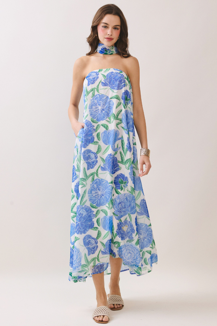 Peony Dreams Maxi Dress with Neck Scarf - Blue Floral