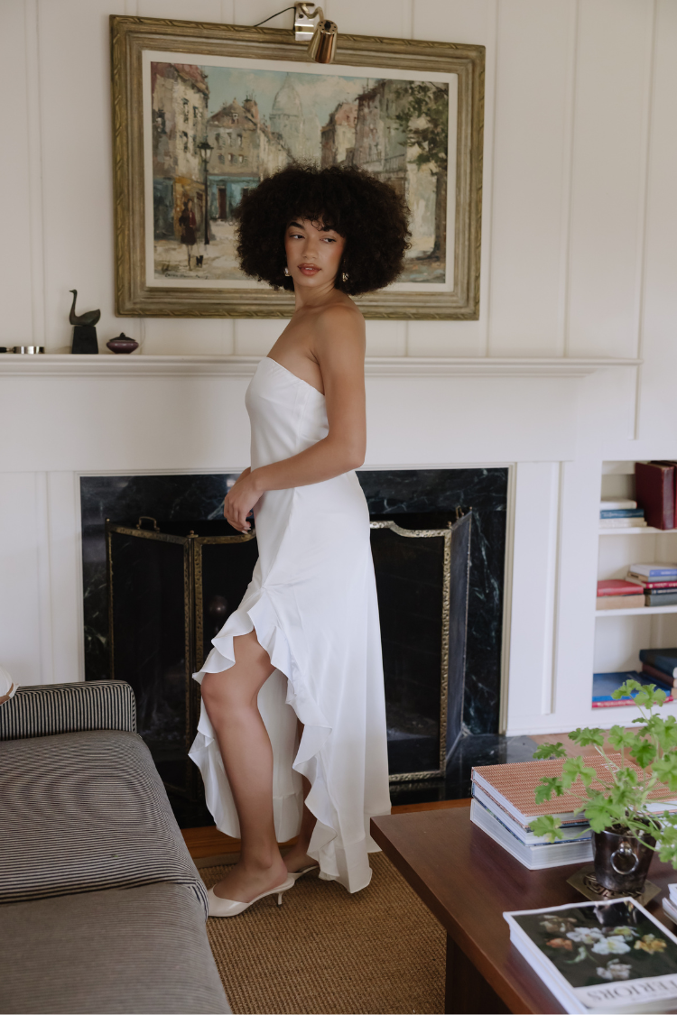 Say I Do Strapless White Ruffle Midi Dress L / White Say I Do Strapless White Ruffle Midi Dress L / White