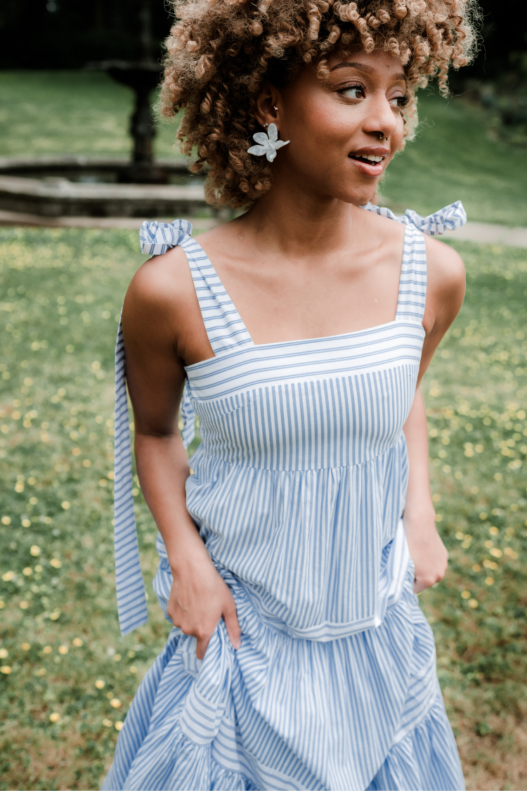 Long blue and white striped dress best sale