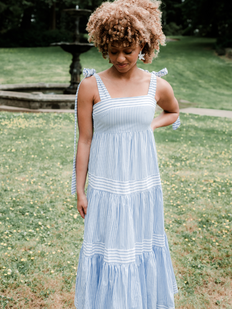 st simons blue and white striped cotton maxi dress
