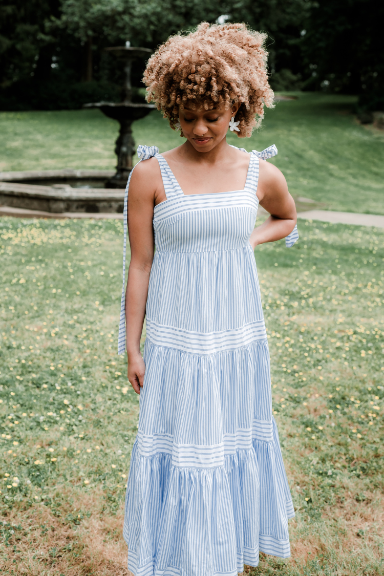 st simons blue and white striped cotton maxi dress