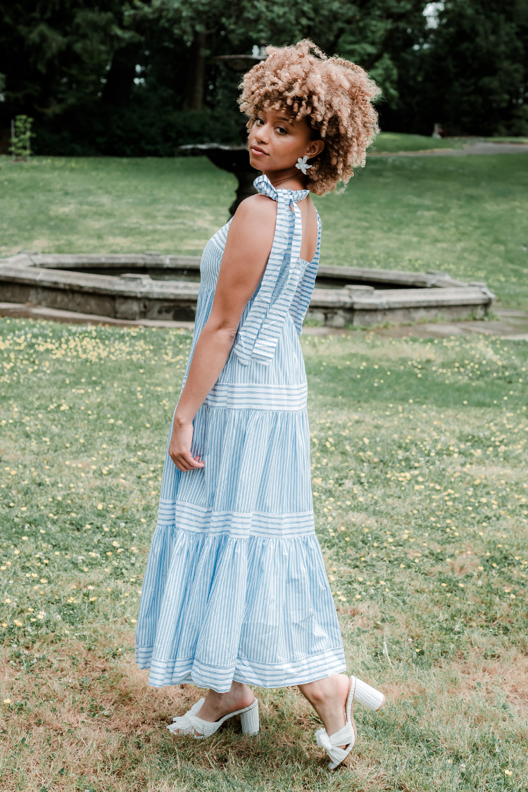 st simons blue and white striped cotton maxi dress