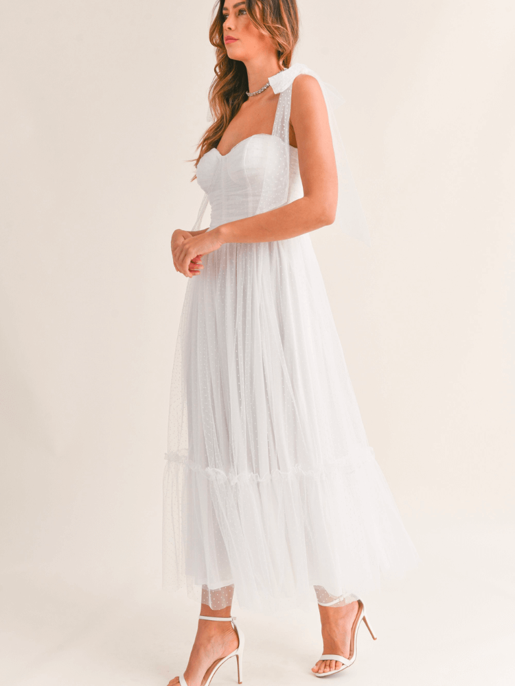 Pre-Order - Swiss Dot Mesh Midi Dress - White - 7/10