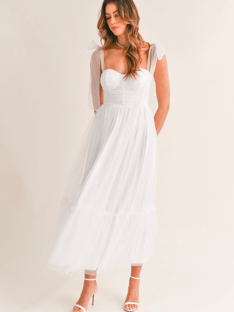 Pre-Order - Swiss Dot Mesh Midi Dress - White - 7/10