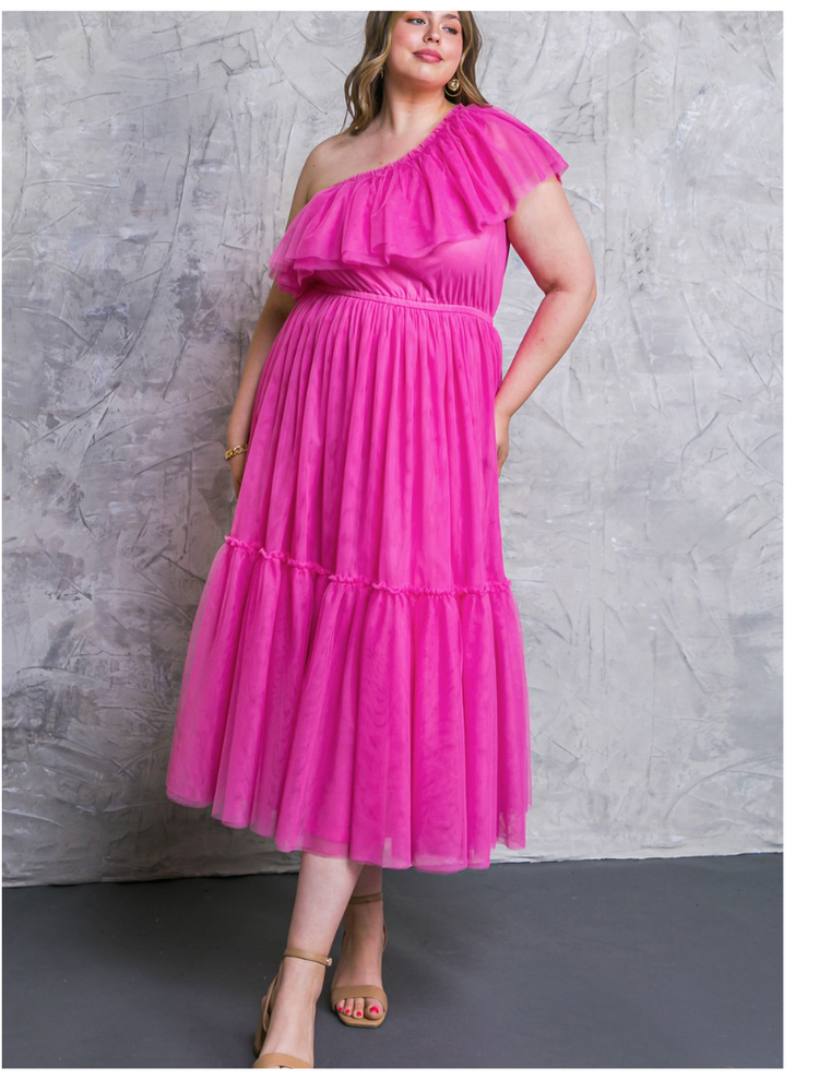 One Shoulder Pink Tulle Midi Dress