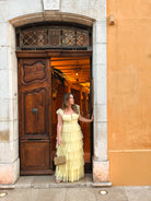 pale yellow swiss dot ruffle maxi dress