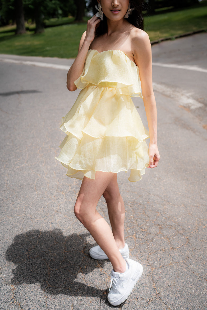 Aerin Yellow Strapless Tiered Mini Dress