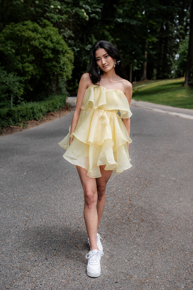 Aerin Yellow Strapless Tiered Mini Dress