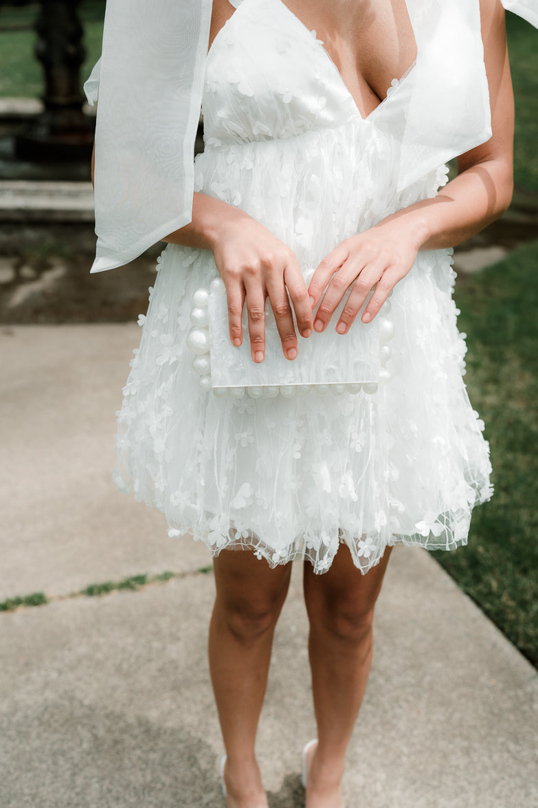 aria white 3d floral mini dress with shoulder bow ties