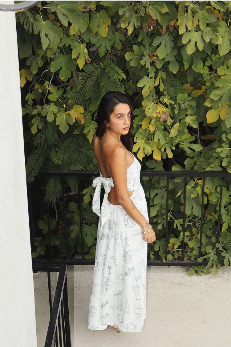 athena grecian print green and white maxi dress