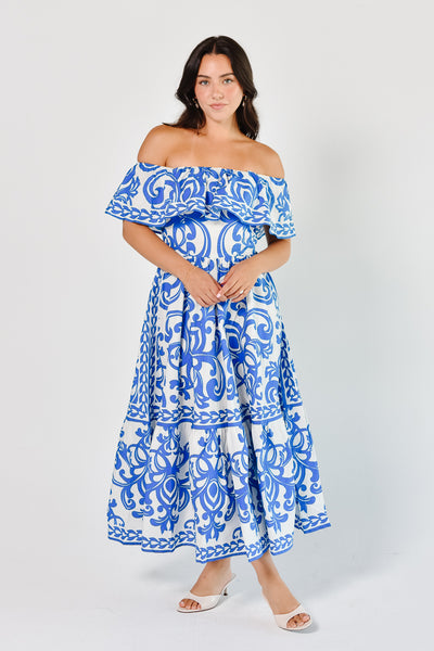 Catania Blue and White Tile Print Midi Dress L / Blue