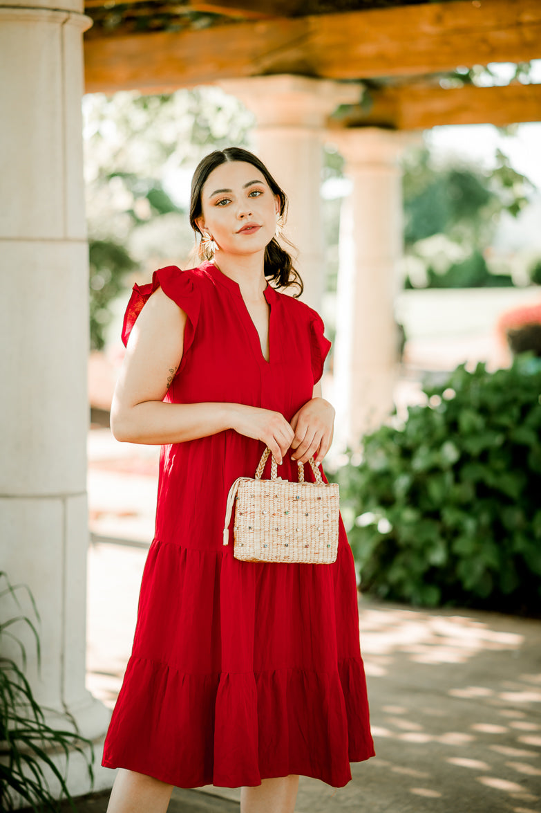 erika red flutter sleeve midi dress