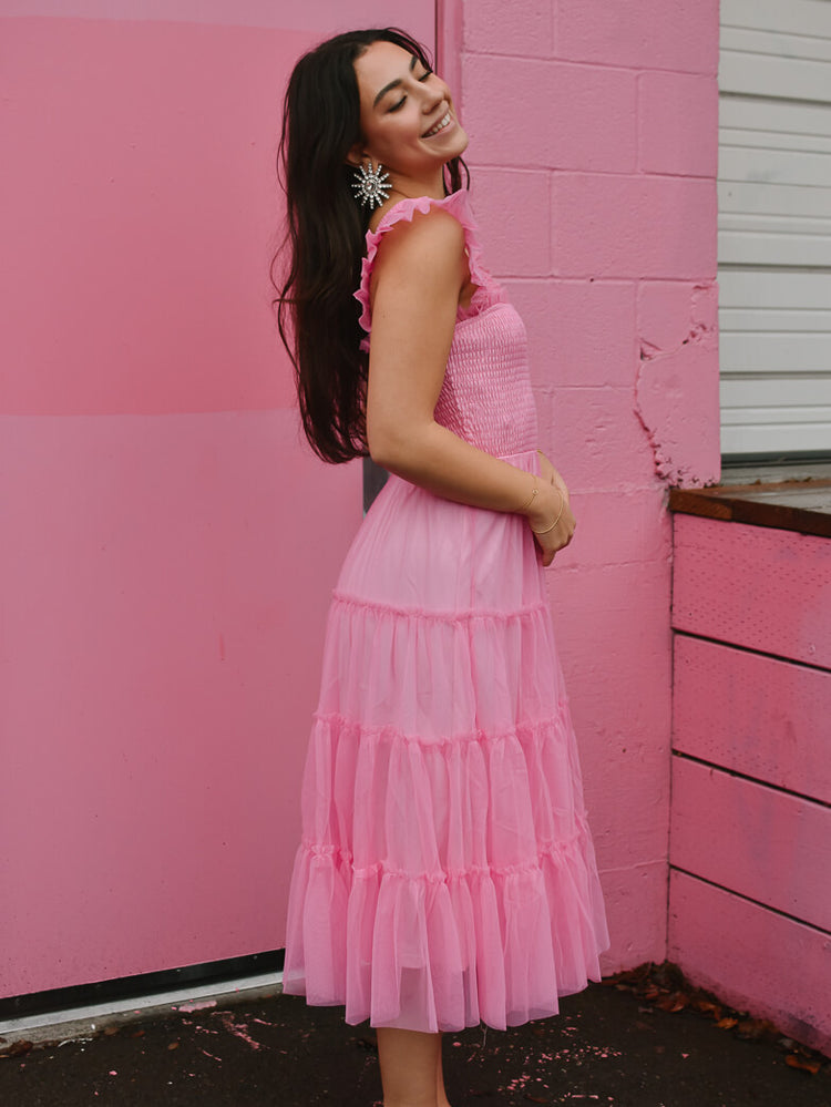 Fiori Short Bright Pink Tulle Tiered Midi Dress