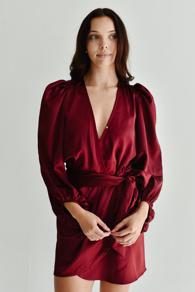 Gal Satin Wrap Mini Dress - Burgundy
