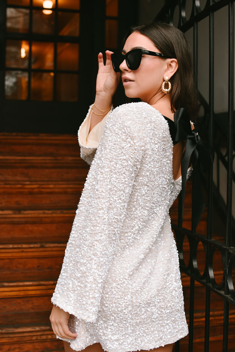 Irina White Sequin Mini Dress with Black Bow S Irina White Sequin Mini Dress with Black Bow S