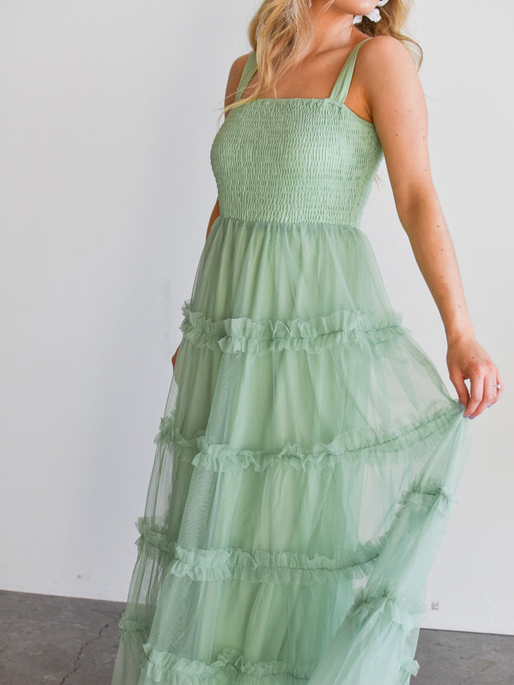 green tulle maxi dress