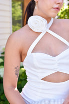 white mini dress for bride with rosette detail