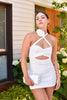white mini dress for bride with rosette detail