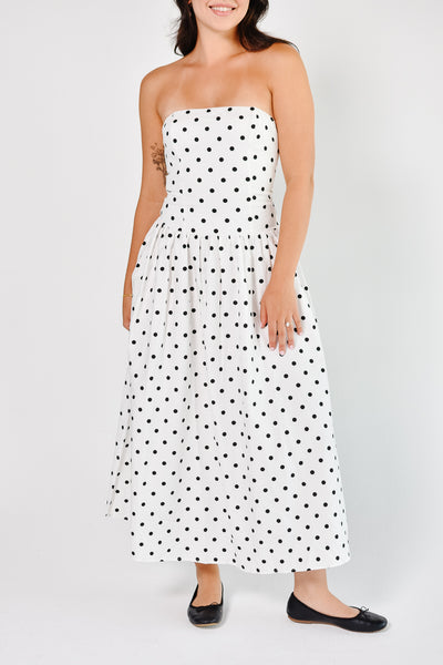 blue dress for baby girl La Dolce Dot Strapless White and Black Polka Dot Maxi Dress M / Multi