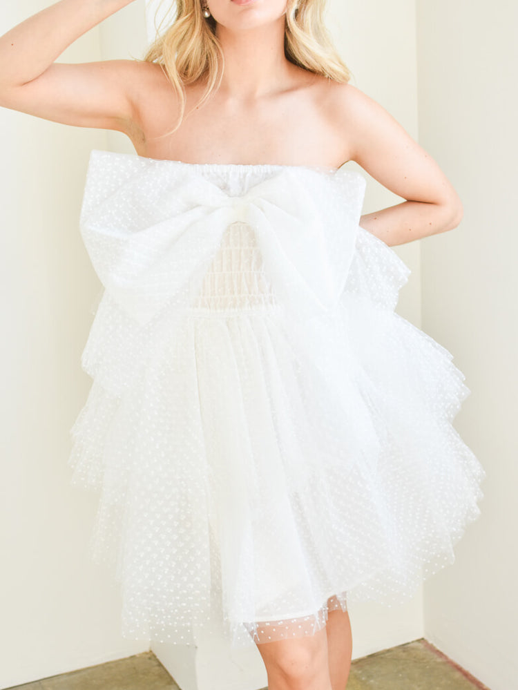 Lowery Swiss Dot Bow Mini Dress -White
