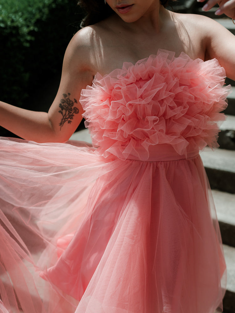 madeleine high low coral tulle maxi dress