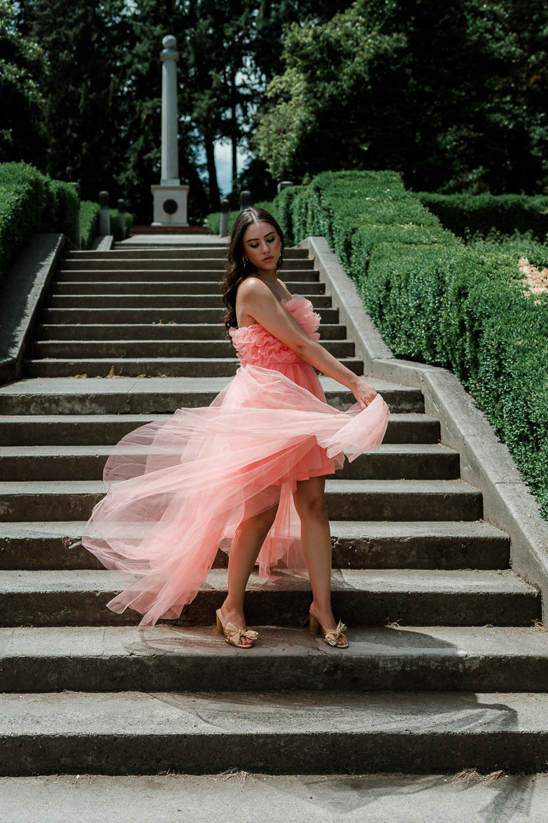 Madeleine Coral Strapless Tulle High Low Maxi Dress S Madeleine Coral Strapless Tulle High Low Maxi Dress S