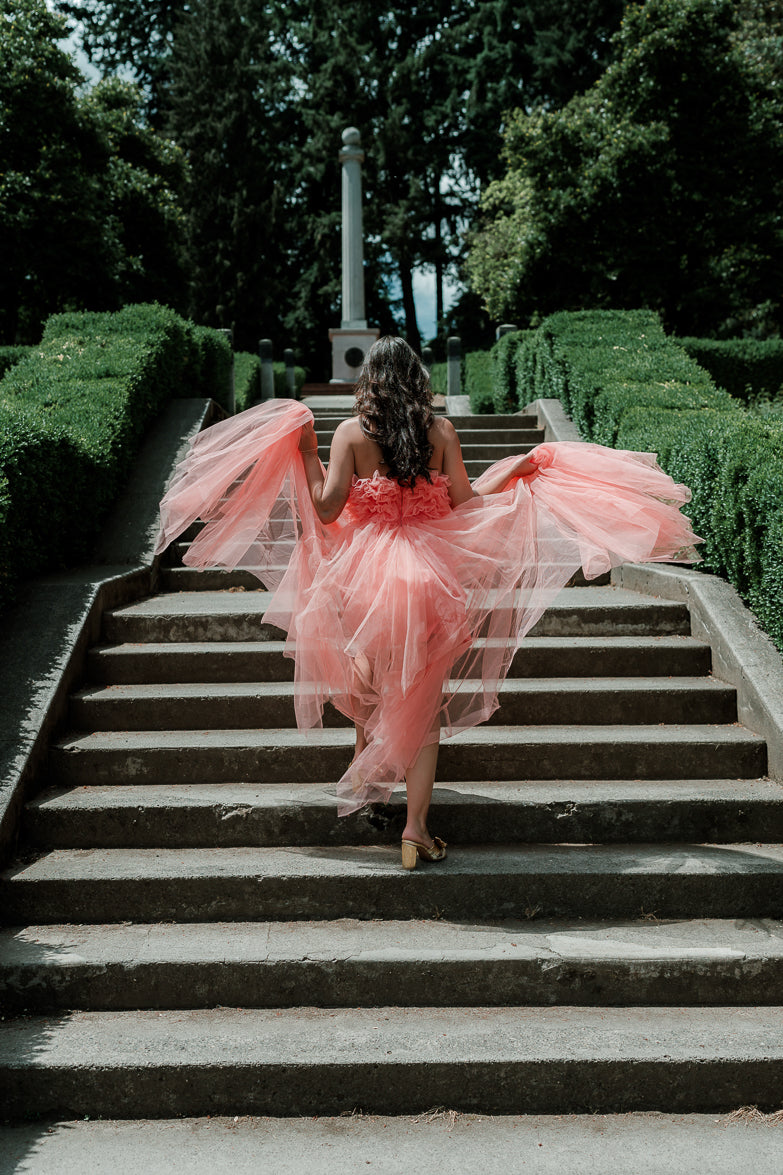 Madeleine Coral Strapless Tulle High Low Maxi Dress Confete