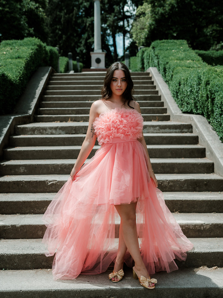 madeleine high low coral tulle maxi dress