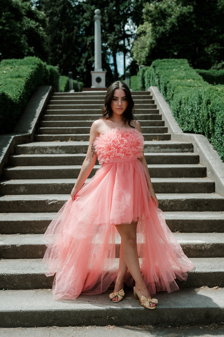 madeleine high low coral tulle maxi dress