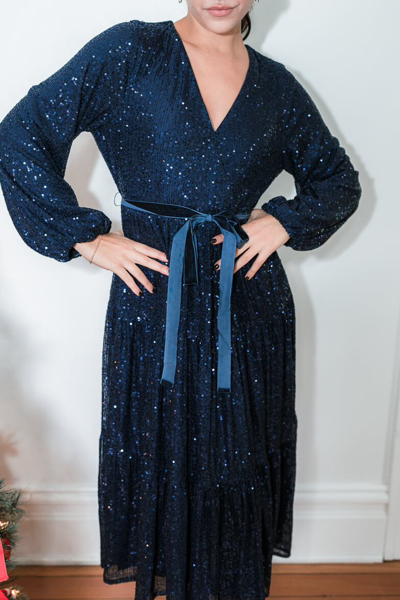 midnights navy sequin midi dress