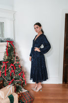 midnights navy sequin midi dress