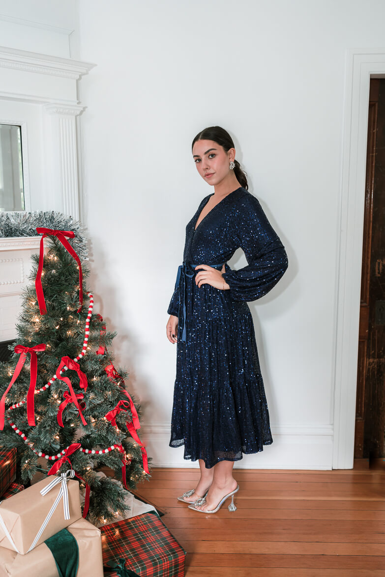 midnights navy sequin midi dress