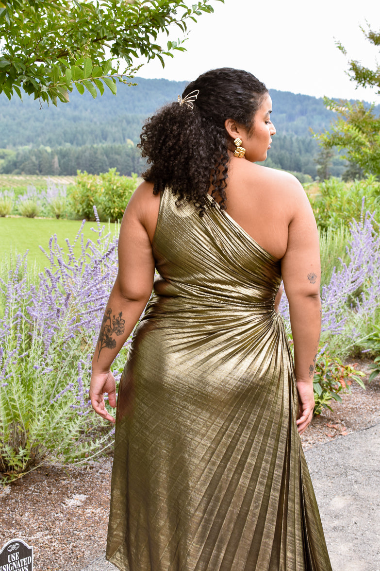 one shoulder gold dress Olympia Gold Metallic Pleated One Shoulder Gown