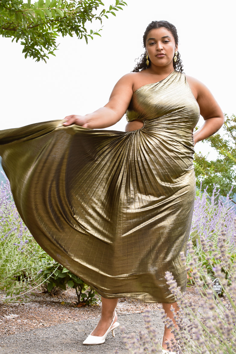 One Shoulder Pleated Dress In Gold