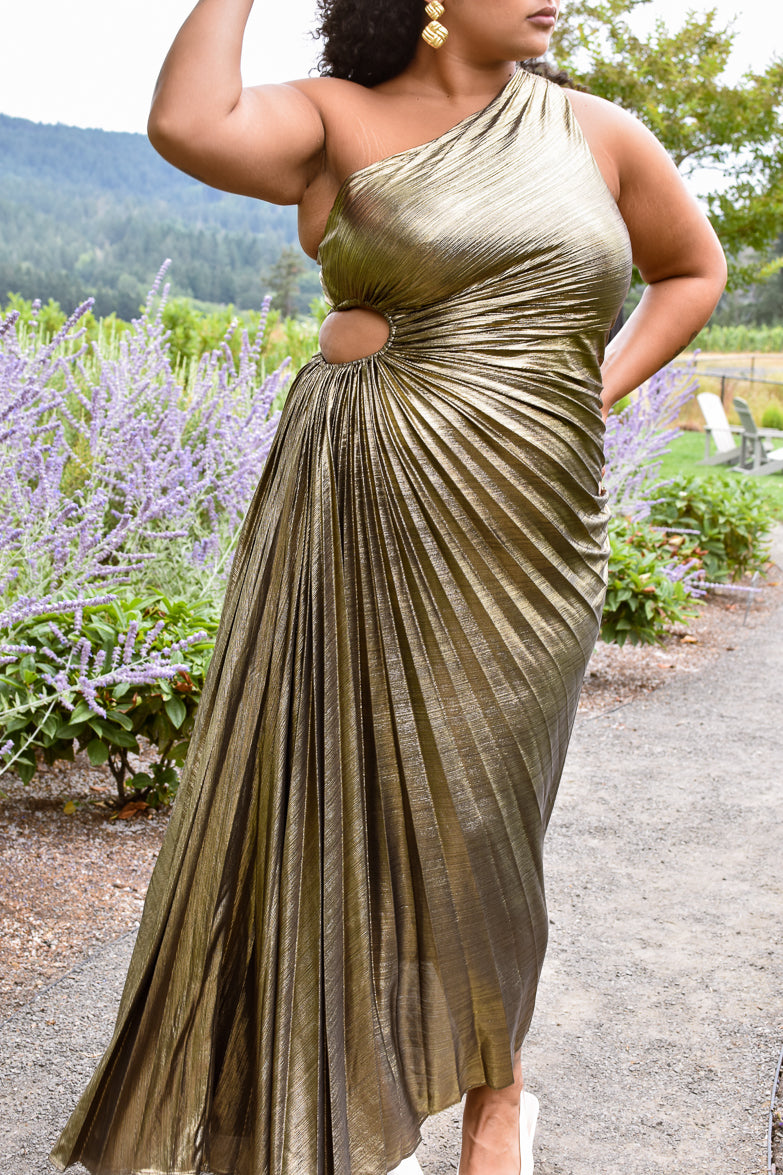 Olympia Gold Metallic Pleated One Shoulder Gown - Plus XL Olympia Gold Metallic Pleated One Shoulder Gown - Plus XL