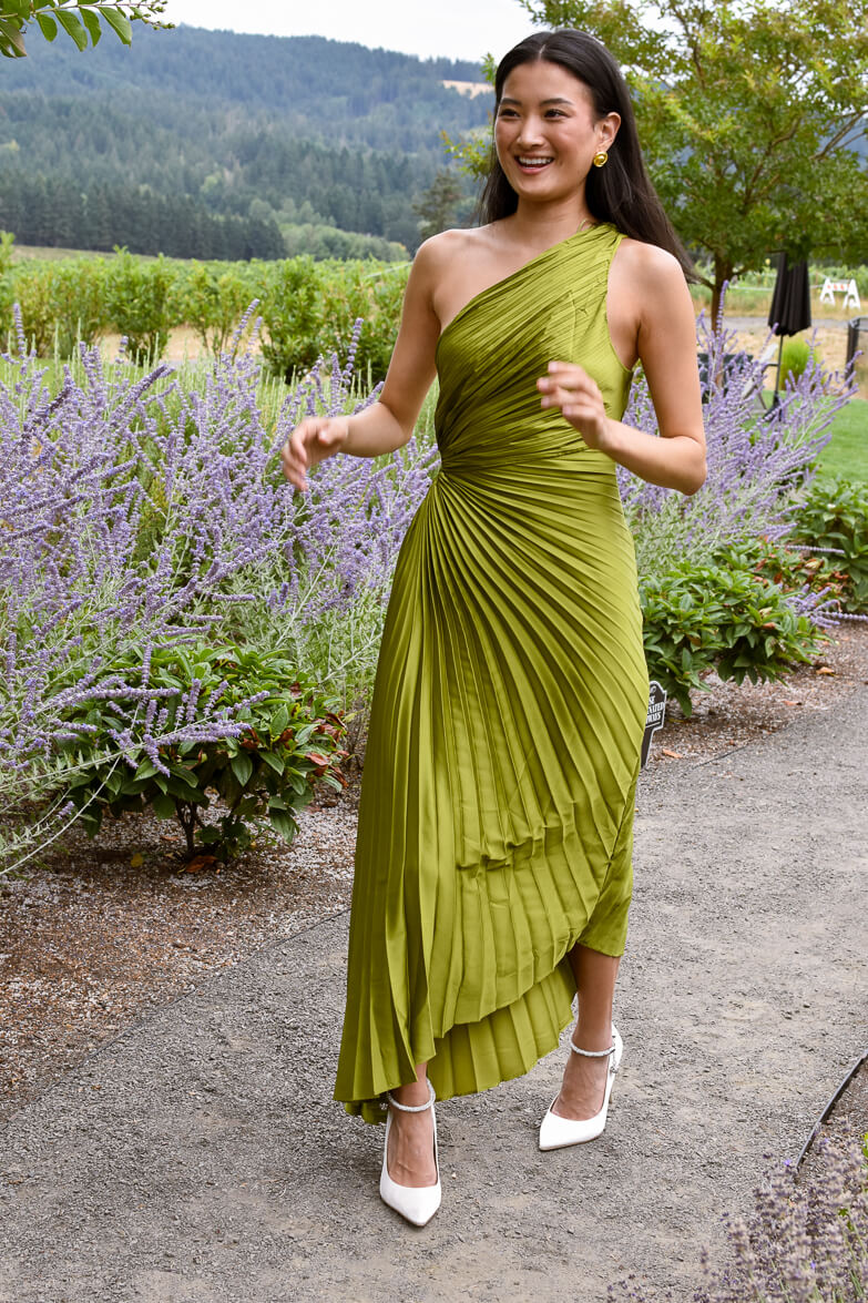 Green pleated dress hotsell