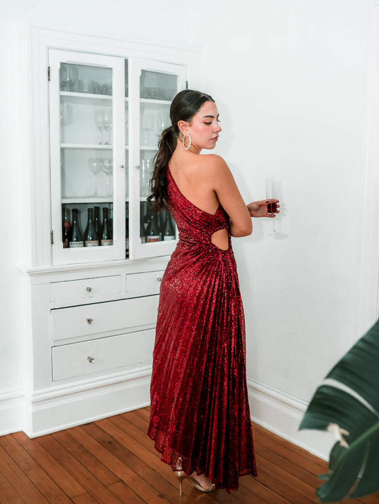 Olympia Red Sequin Pleated One Shoulder Gown