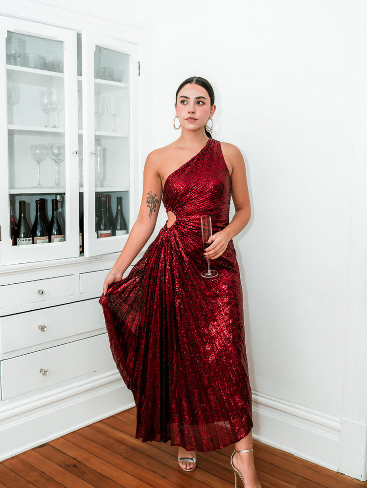 Olympia Red Sequin Pleated One Shoulder Gown